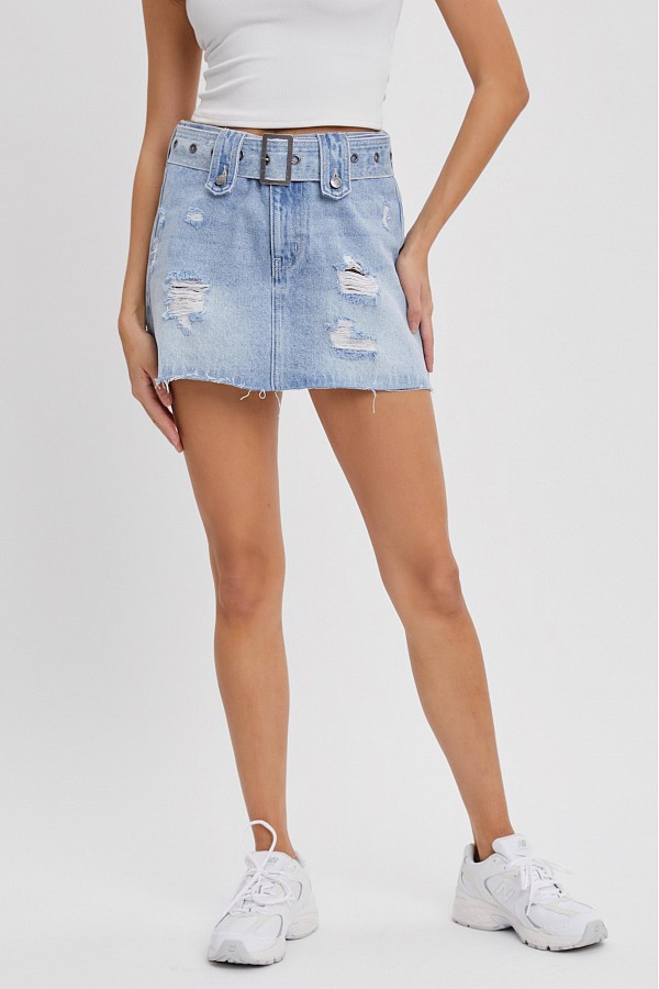 Low Waisted Mini Skirt with Wide Buckled Self Belt